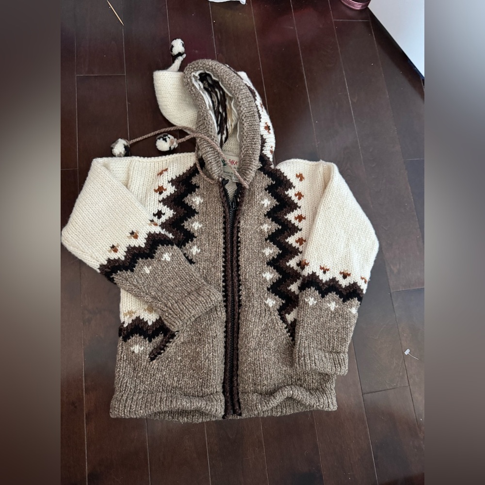 INKA'S WORLD WOOL COTTON Hooded Knit Sweater with Zigzag Pattern
